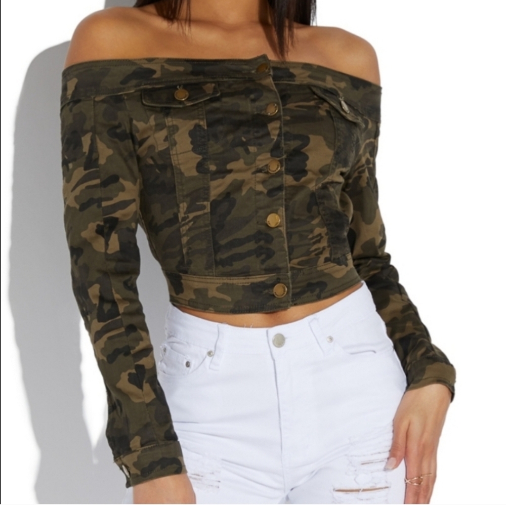 American Bazi Off the Shoulder Camo Denim Jacket